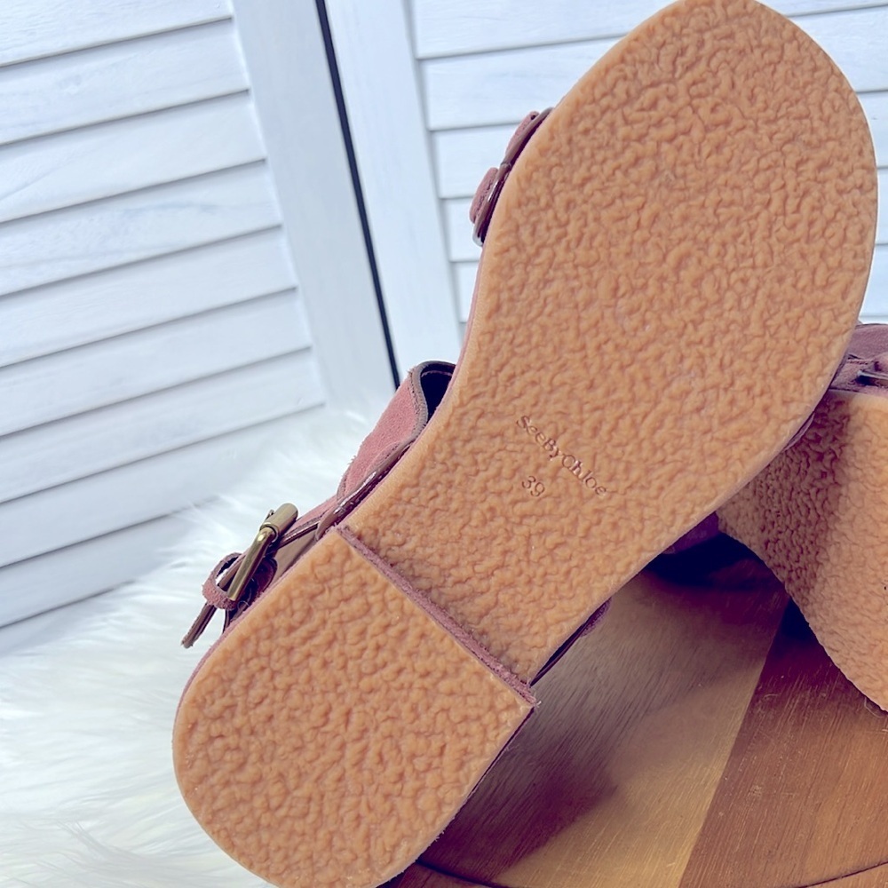 SEE BY CHLOE' l Pink Suede Galy Sandals Chunky Platform Summer Brass Hardware 39 - Picture 10 of 13